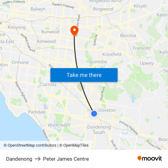 Dandenong to Peter James Centre map