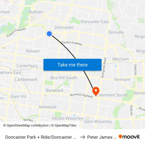 Doncaster Park + Ride/Doncaster Rd (Doncaster) to Peter James Centre map