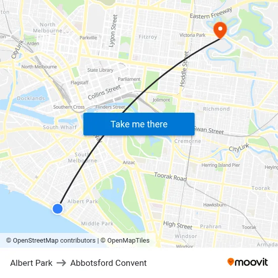 Albert Park to Abbotsford Convent map