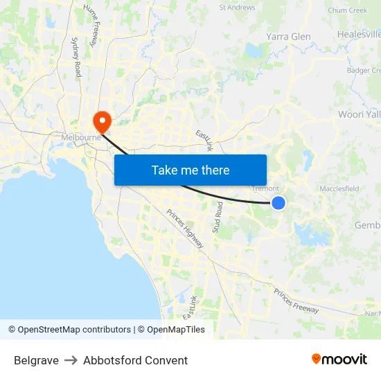 Belgrave to Abbotsford Convent map