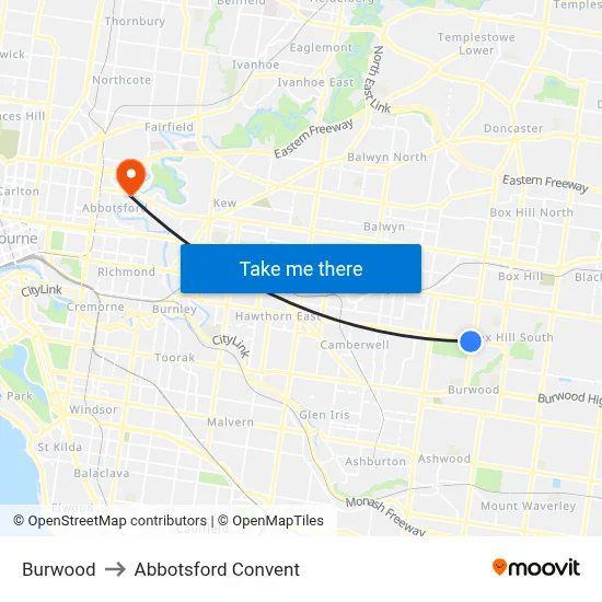 Burwood to Abbotsford Convent map