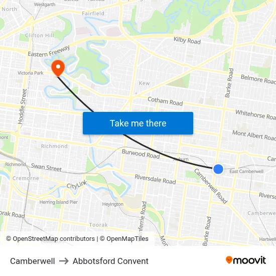 Camberwell to Abbotsford Convent map
