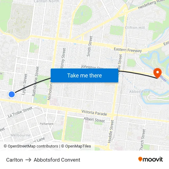 Carlton to Abbotsford Convent map