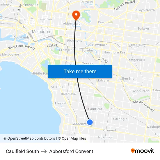 Caulfield South to Abbotsford Convent map