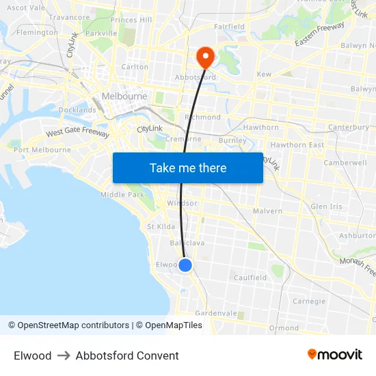 Elwood to Abbotsford Convent map