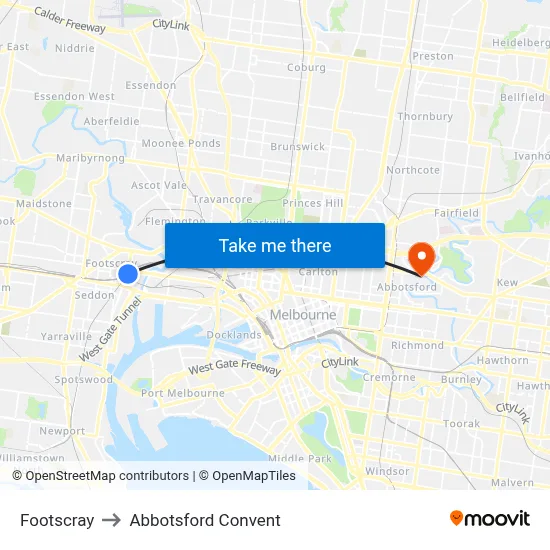 Footscray to Abbotsford Convent map