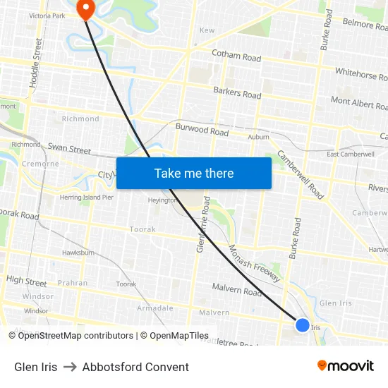 Glen Iris to Abbotsford Convent map