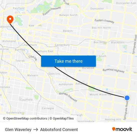 Glen Waverley to Abbotsford Convent map