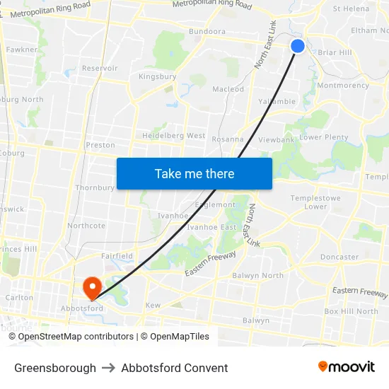Greensborough to Abbotsford Convent map