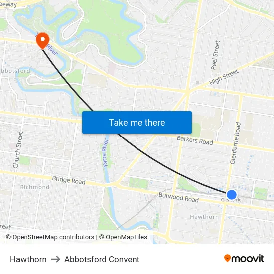 Hawthorn to Abbotsford Convent map