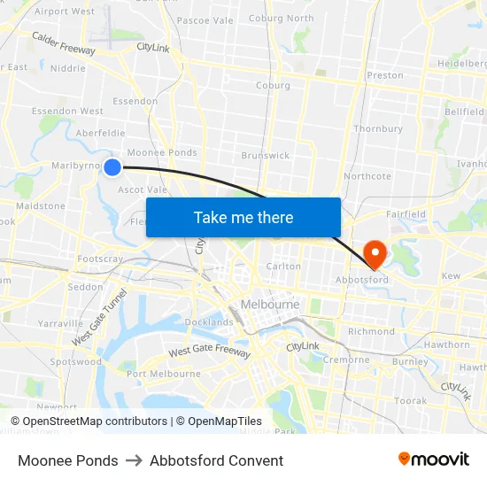 Moonee Ponds to Abbotsford Convent map