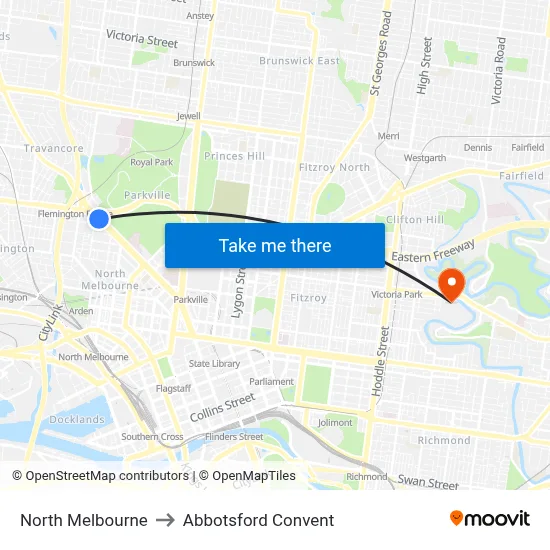 North Melbourne to Abbotsford Convent map