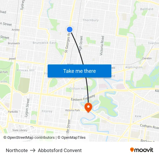 Northcote to Abbotsford Convent map