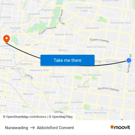 Nunawading to Abbotsford Convent map