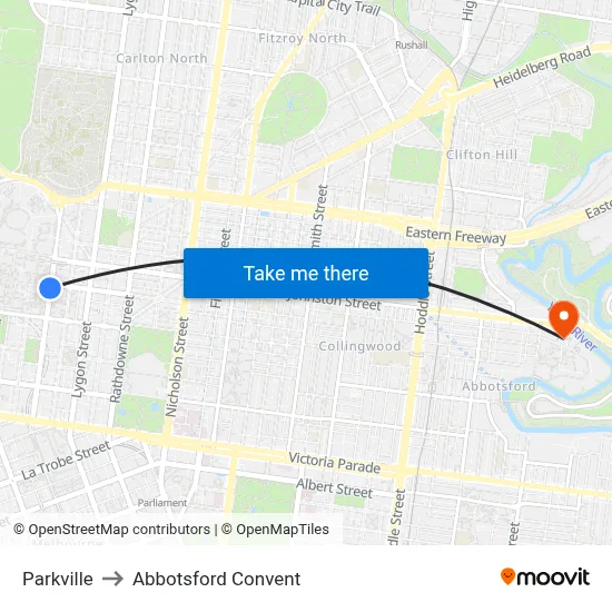 Parkville to Abbotsford Convent map