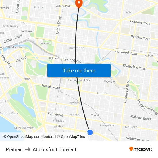 Prahran to Abbotsford Convent map