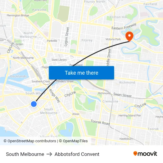 South Melbourne to Abbotsford Convent map