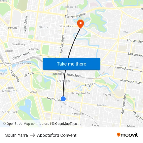 South Yarra to Abbotsford Convent map