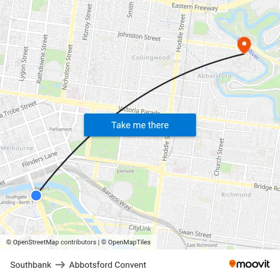 Southbank to Abbotsford Convent map