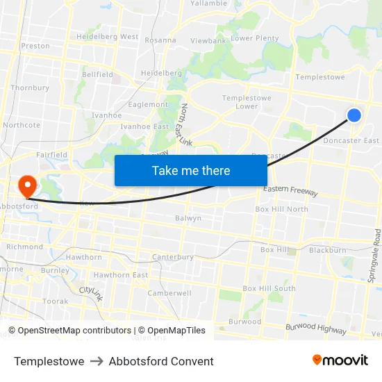 Templestowe to Abbotsford Convent map