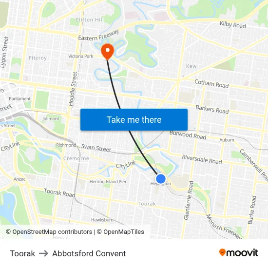Toorak to Abbotsford Convent map