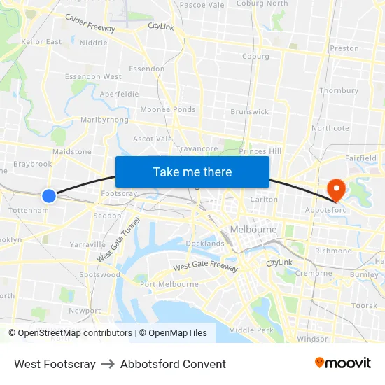 West Footscray to Abbotsford Convent map