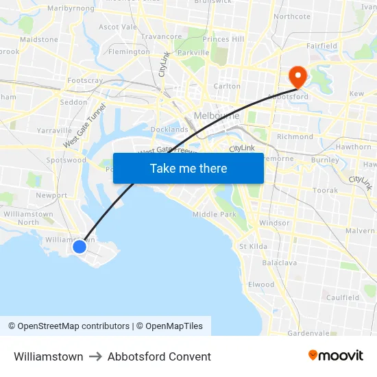 Williamstown to Abbotsford Convent map