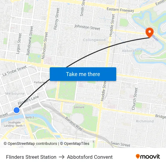 Flinders Street Station to Abbotsford Convent map