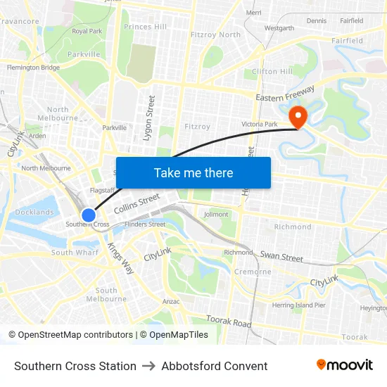 Southern Cross Station to Abbotsford Convent map