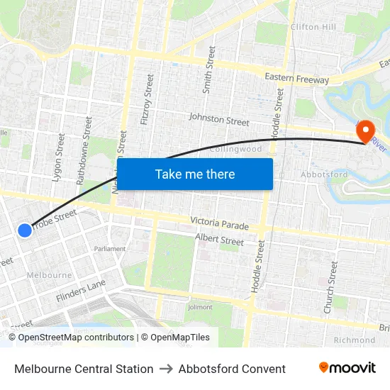 Melbourne Central Station to Abbotsford Convent map