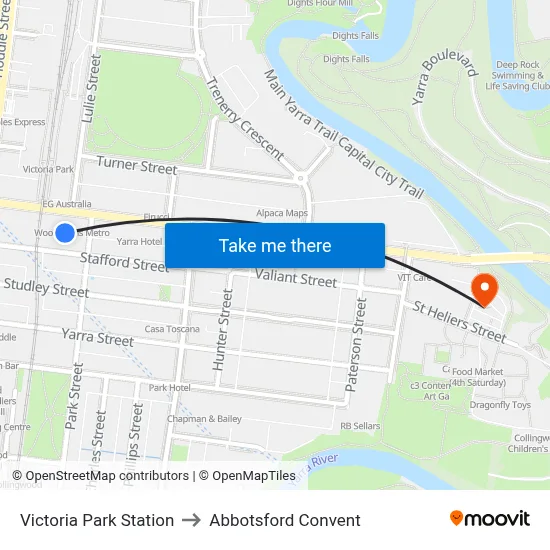 Victoria Park Station to Abbotsford Convent map