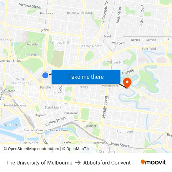 The University of Melbourne to Abbotsford Convent map