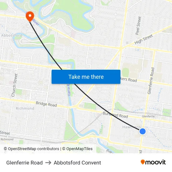Glenferrie Road to Abbotsford Convent map