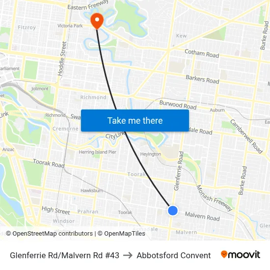 Glenferrie Rd/Malvern Rd #43 to Abbotsford Convent map