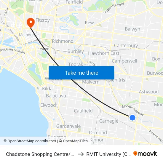 Chadstone Shopping Centre/Eastern Access Rd to RMIT University (City Campus) map