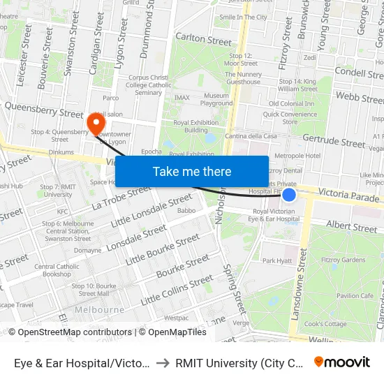 Eye & Ear Hospital/Victoria Pde to RMIT University (City Campus) map