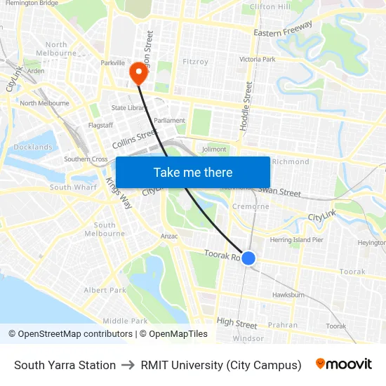 South Yarra Station to RMIT University (City Campus) map
