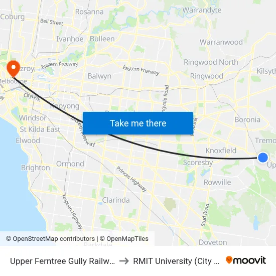 Upper Ferntree Gully Railway Station to RMIT University (City Campus) map