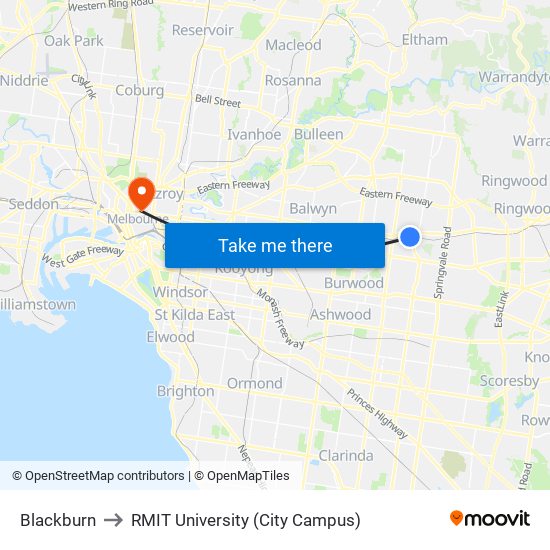 Blackburn to RMIT University (City Campus) map