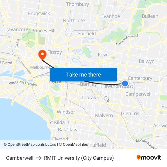 Camberwell to RMIT University (City Campus) map