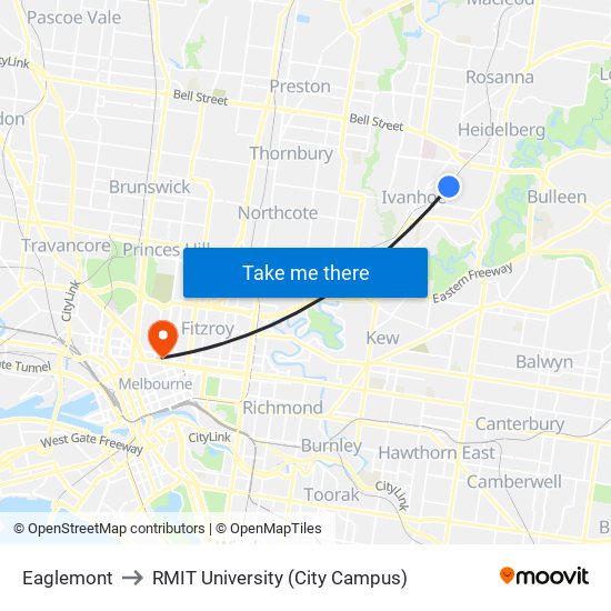 Eaglemont to RMIT University (City Campus) map