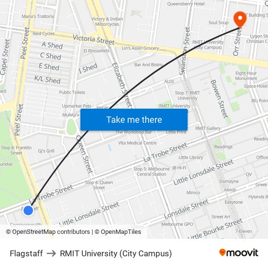 Flagstaff to RMIT University (City Campus) map