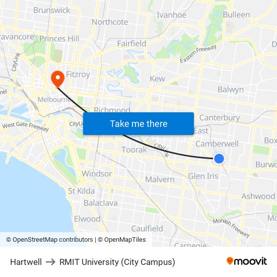 Hartwell to RMIT University (City Campus) map