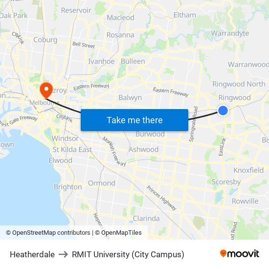 Heatherdale to RMIT University (City Campus) map