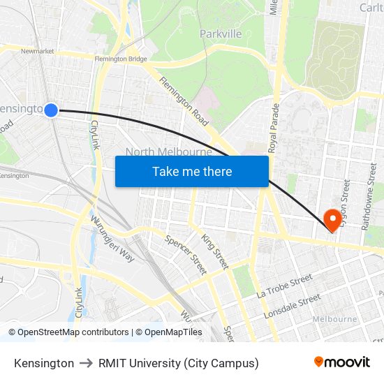 Kensington to RMIT University (City Campus) map