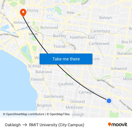 Oakleigh to RMIT University (City Campus) map