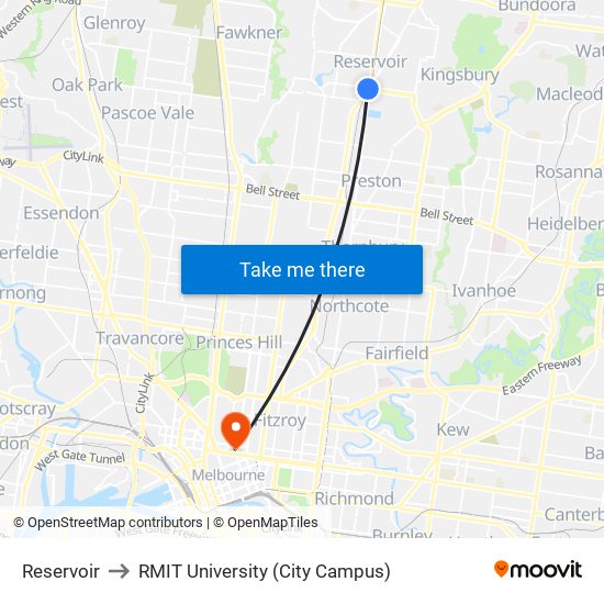 Reservoir to RMIT University (City Campus) map