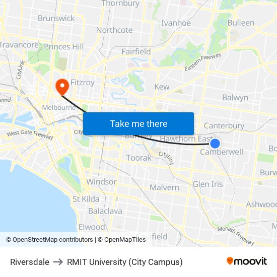 Riversdale to RMIT University (City Campus) map