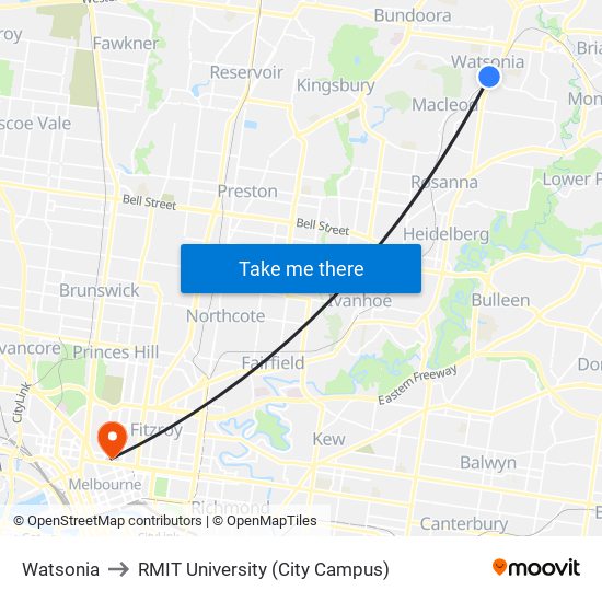 Watsonia to RMIT University (City Campus) map