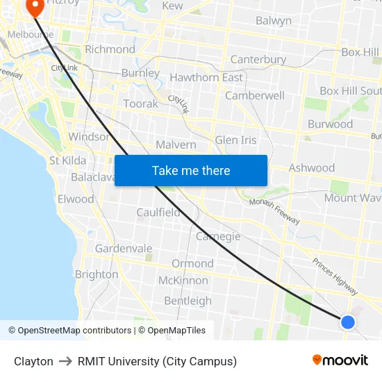 Clayton to RMIT University (City Campus) map